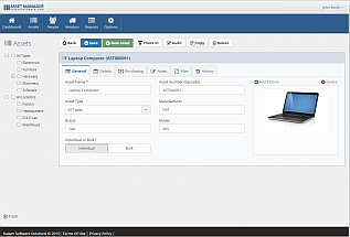 The General tab on the asset form is the default view which appears when you open an asset record. Here you can enter the asset name, number, picture, and more.