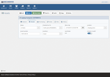 The Details tab tracks Location, Status, Who it's checked out to, Serial Number, Condition, Return Date, Last Audit Date, and whether to include it in the audits.