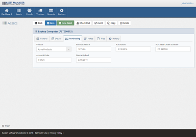 The Purchasing tab includes all purchasing information such as Vendor, Purchase Date, Price, and more.