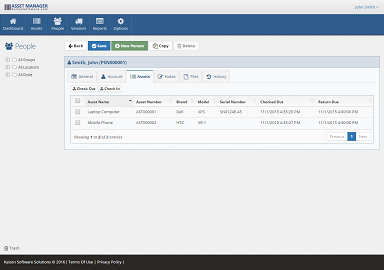 The Asset tab on the Personnel form displays a list of assets checked out for this person.